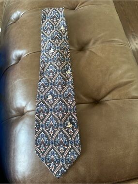 Vintage Disney Originals Navy and Cream Patterned Silk Tie with Blue Floral